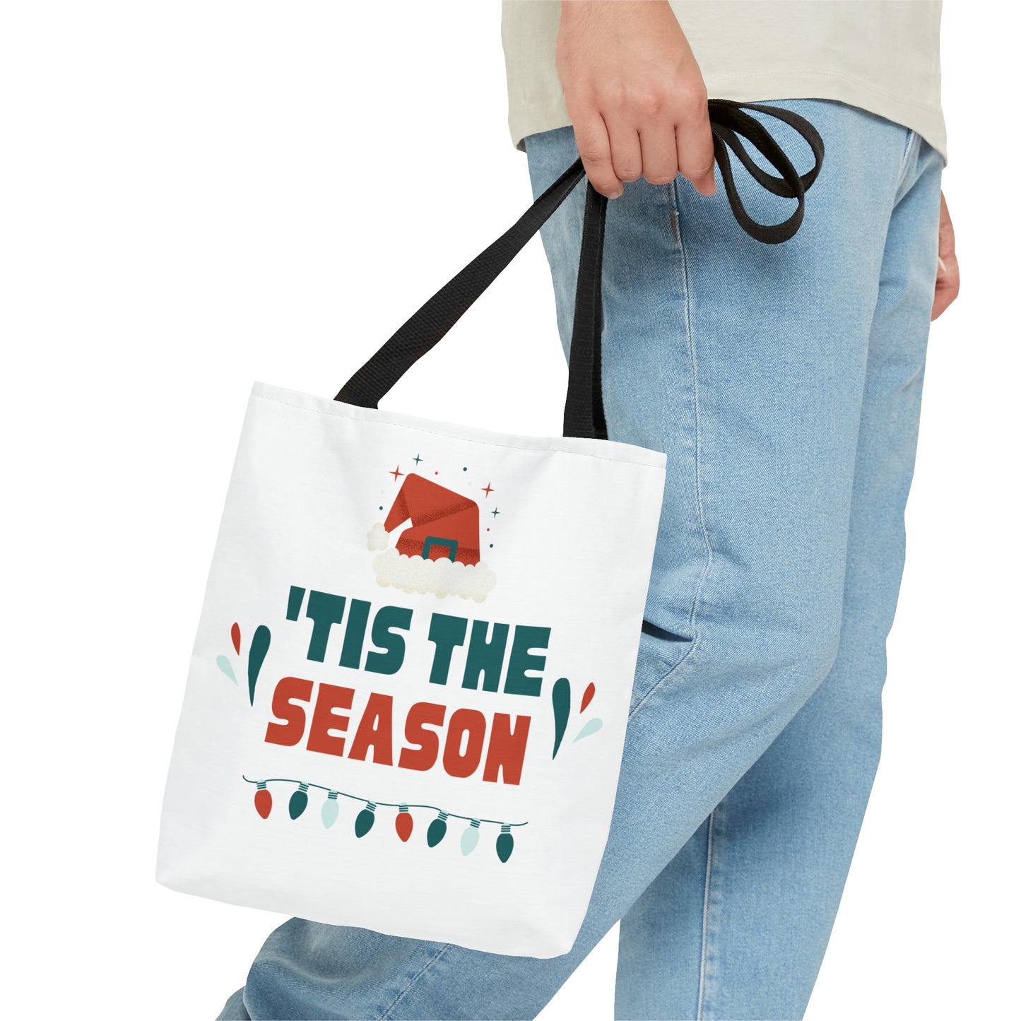 Christmas Tote Bag with “‘TIS THE SEASON” Santa Hat Design – Durable All-Over Print Holiday Carryall in 3 Sizes