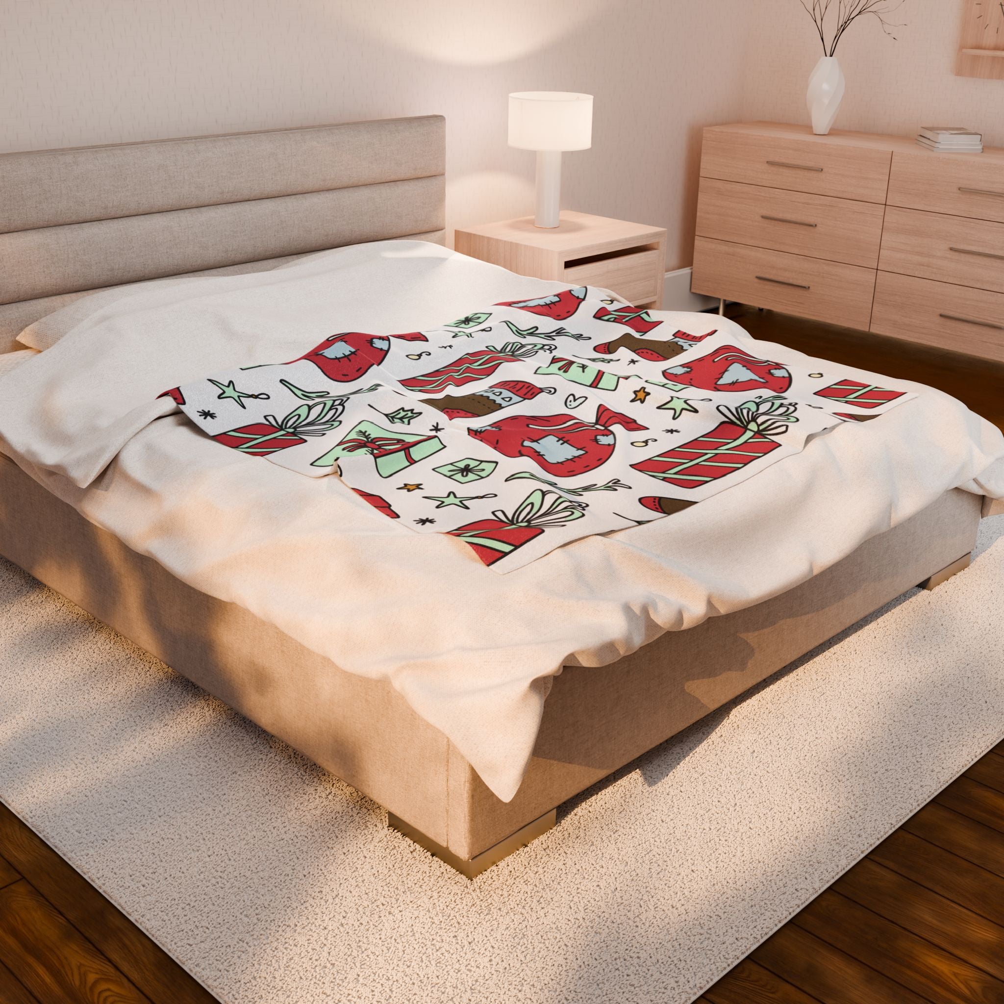Gift Bag & Candy Cane Velveteen Plush Blanket – Festive Christmas Present Pattern