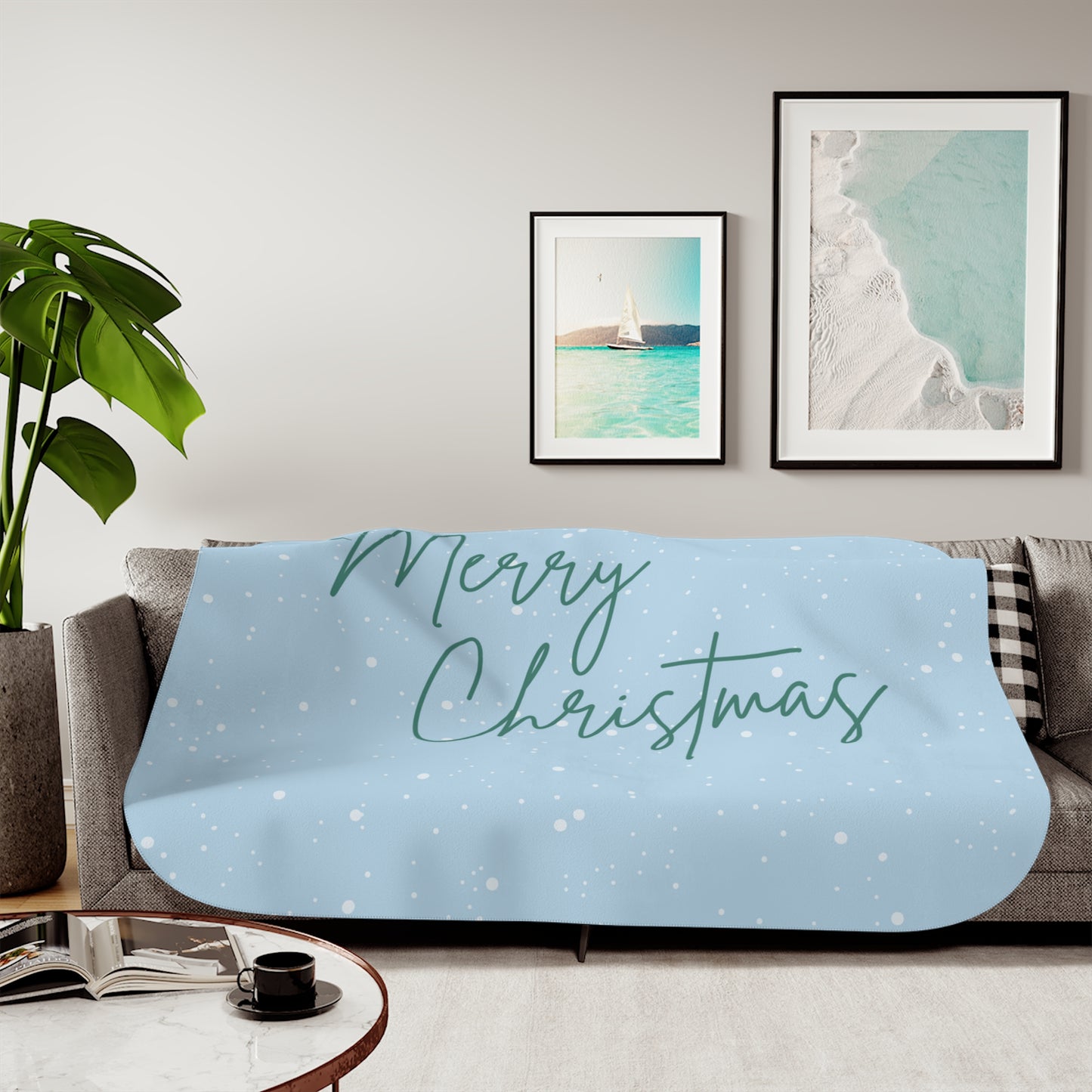 Merry Christmas Printed Sherpa Blanket, Sky Blue