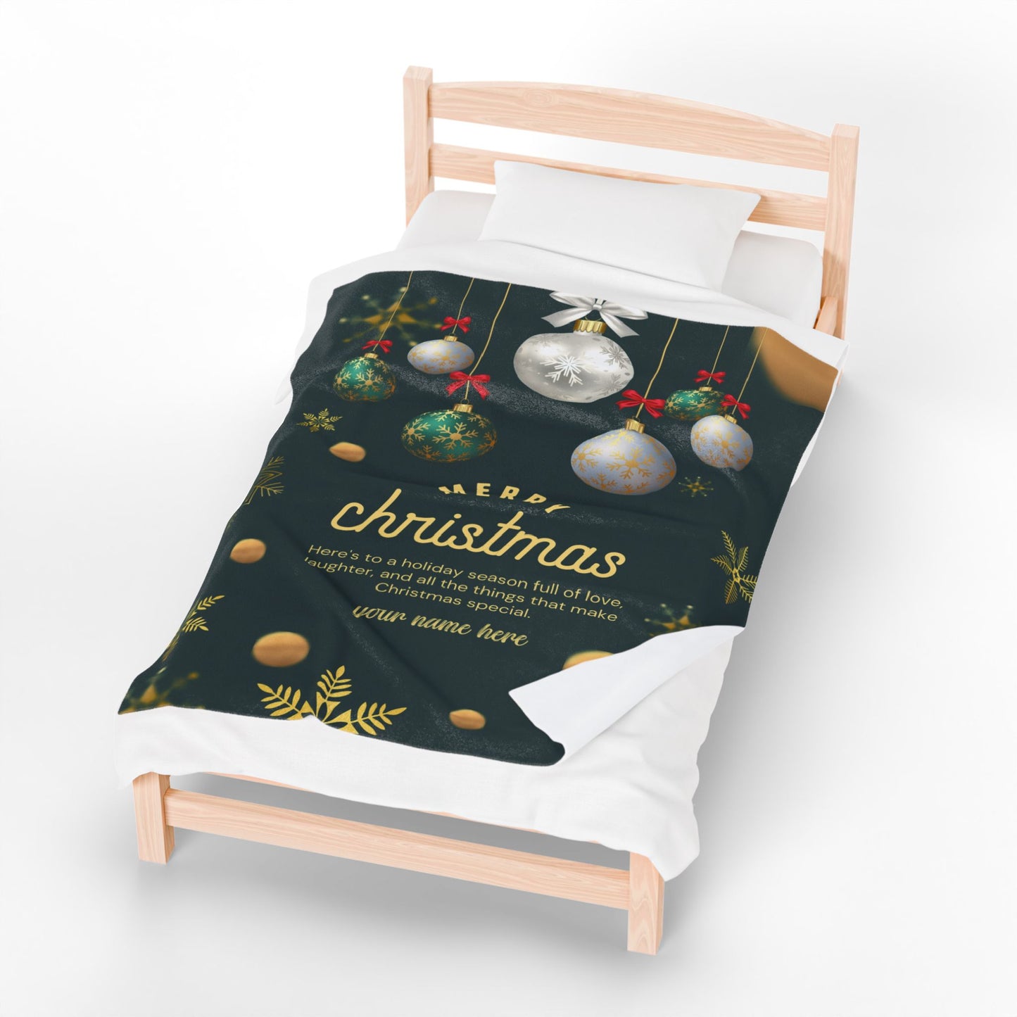 Elegant Green & Gold Christmas Blanket – Personalized Holiday Gift with Ornaments and Message