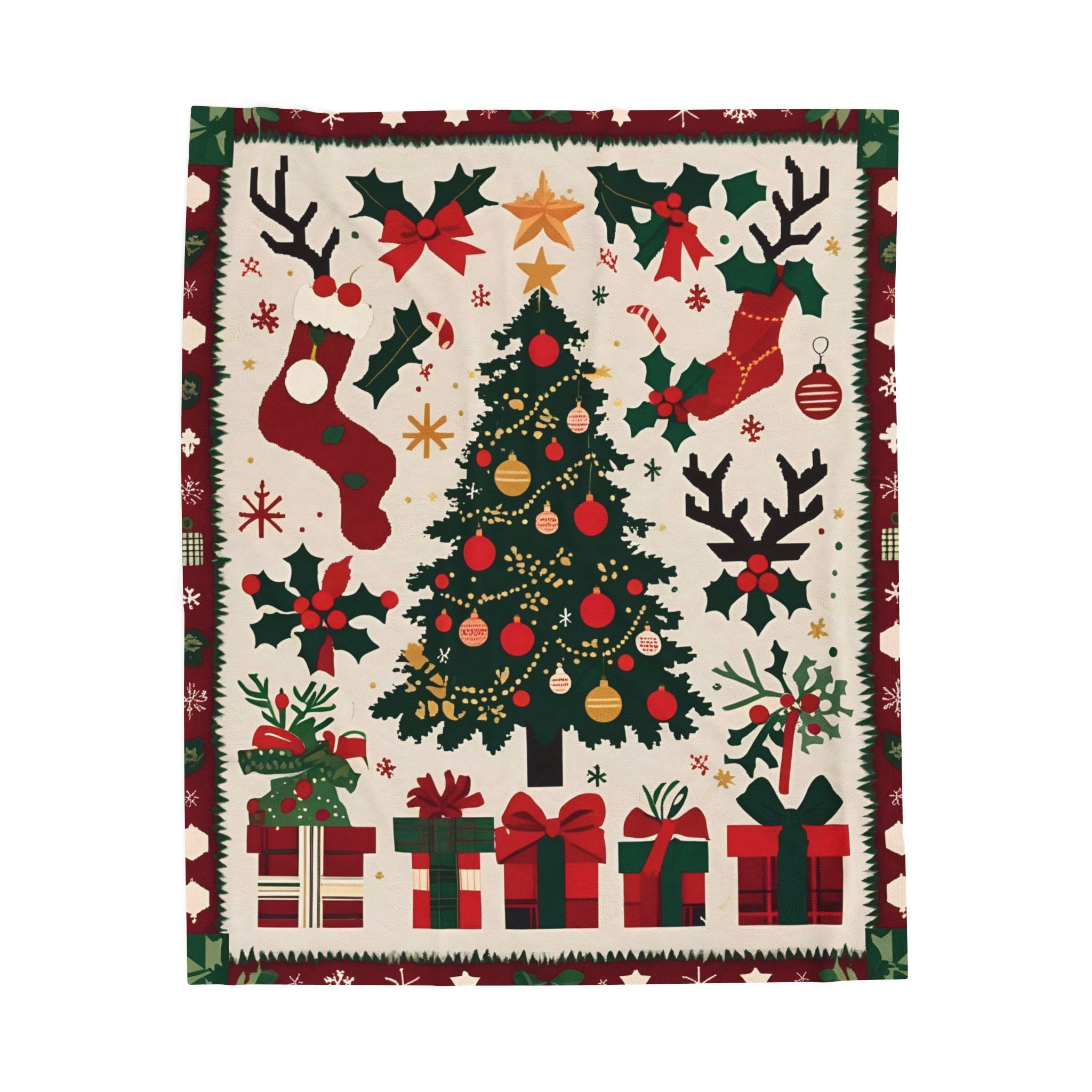 Christmas Tree Velveteen Plush Blanket – Holiday Stockings, Gifts & Holly Print Throw