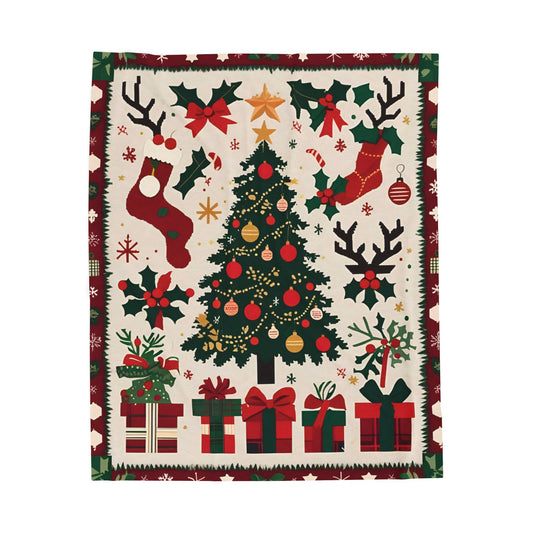 Christmas Tree Velveteen Plush Blanket – Holiday Stockings, Gifts & Holly Print Throw