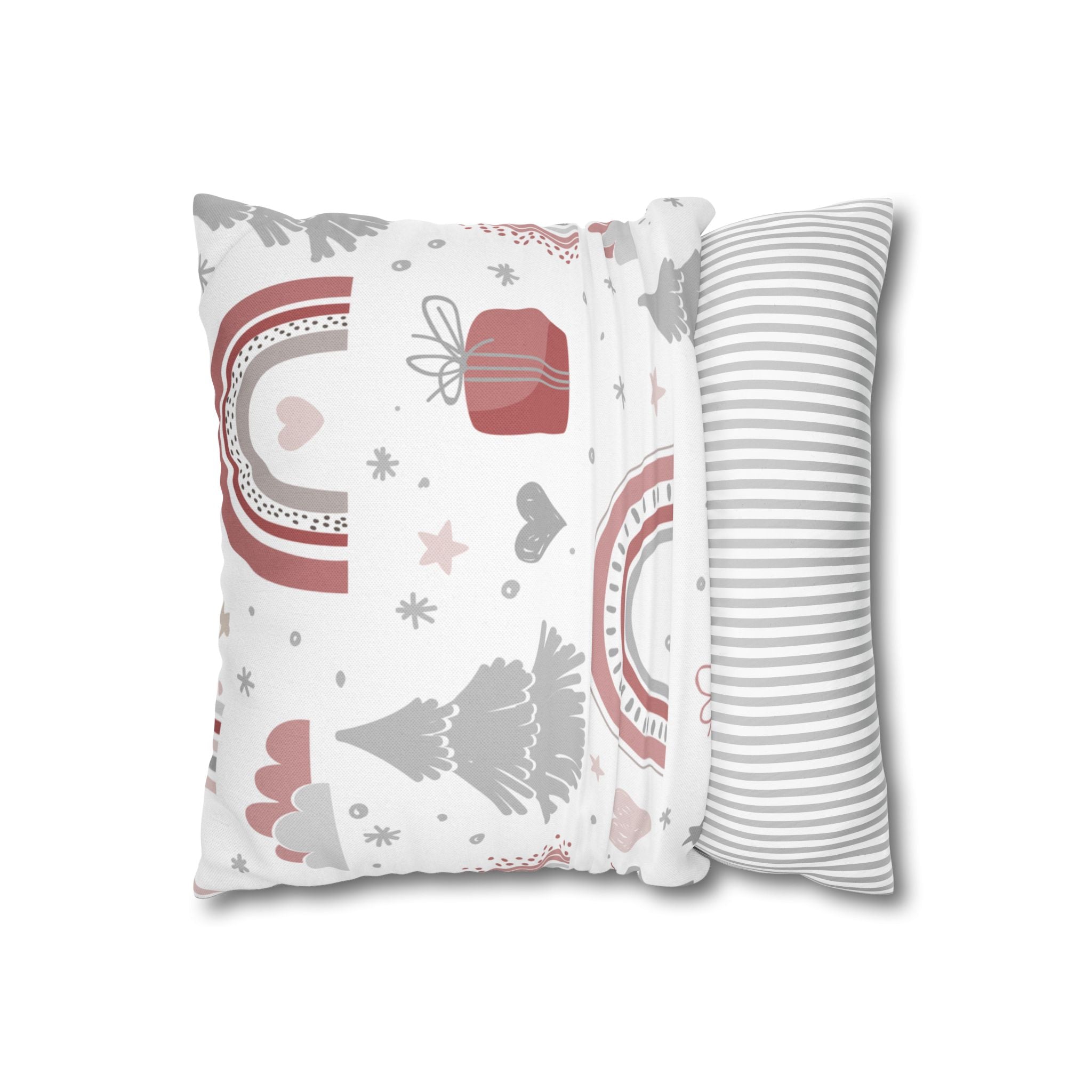 Scandinavian Christmas Pillow Cover – Red Gift Box, Trees & Modern Holiday Decor