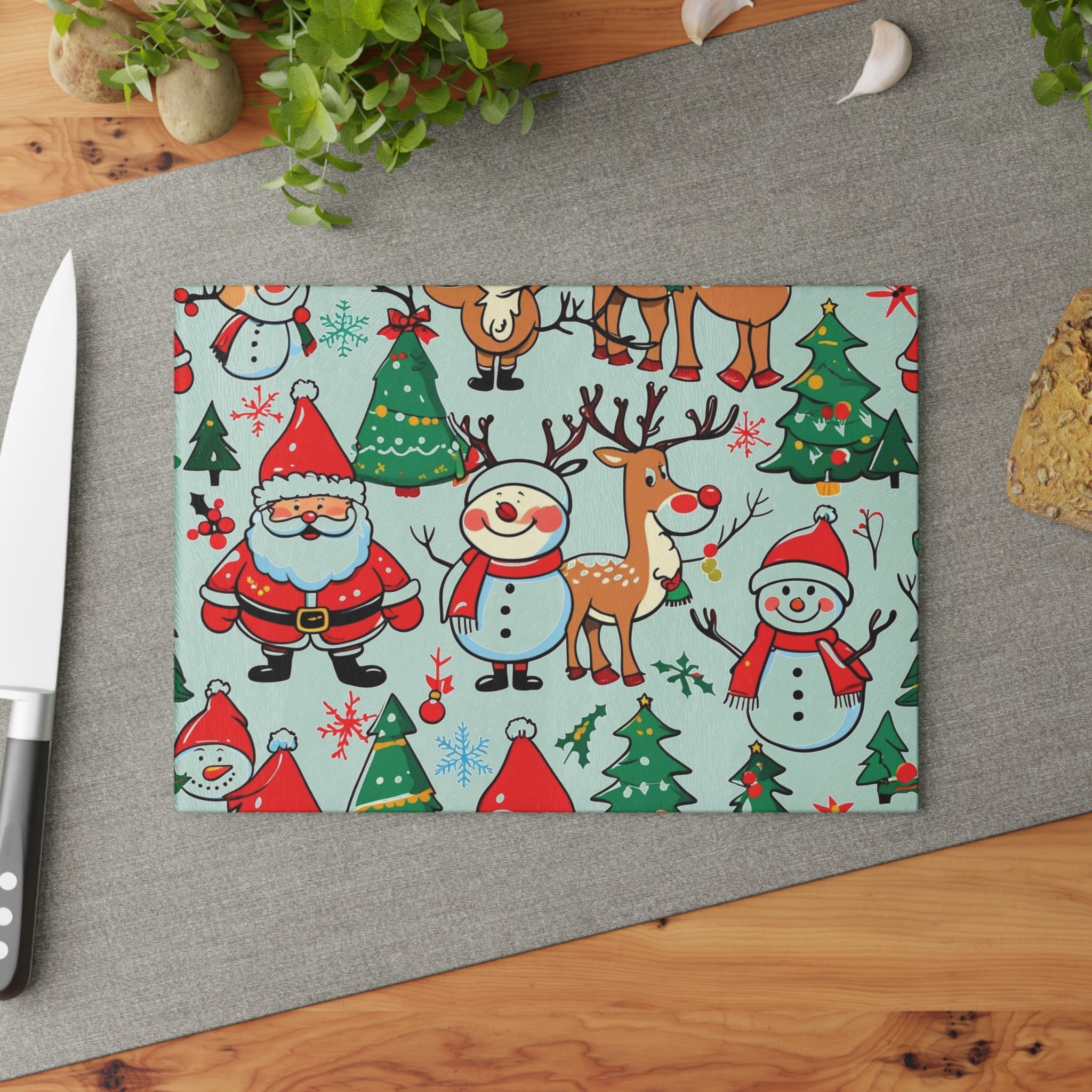 Christmas Cutting Board with Santa, Snowman, and Reindeer Design