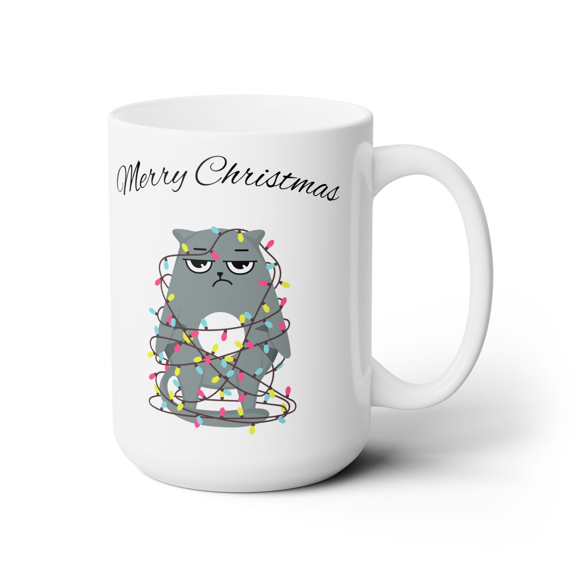 Ceramic Mug – Gray Cat Wrapped in Christmas Lights with “Merry Christmas” Text – Gift for Cat Lovers & Holiday Sippers