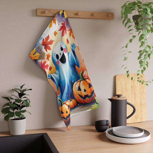 Cheerful Ghost Halloween Tea Towel – Pumpkins and Autumn Leaves