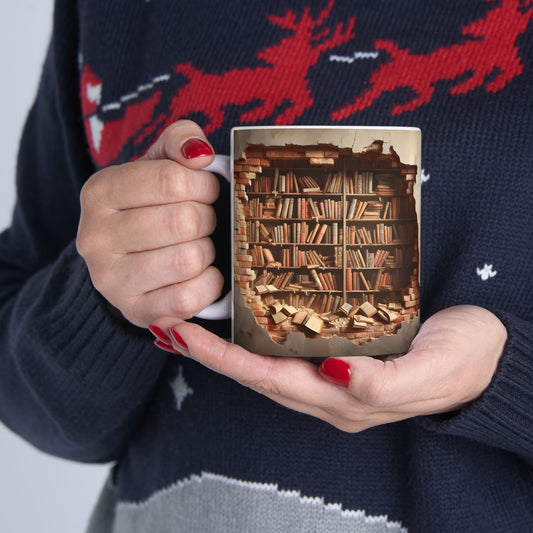 3D Bookshelf Illusion Mug – Unique Library Wall Break Design