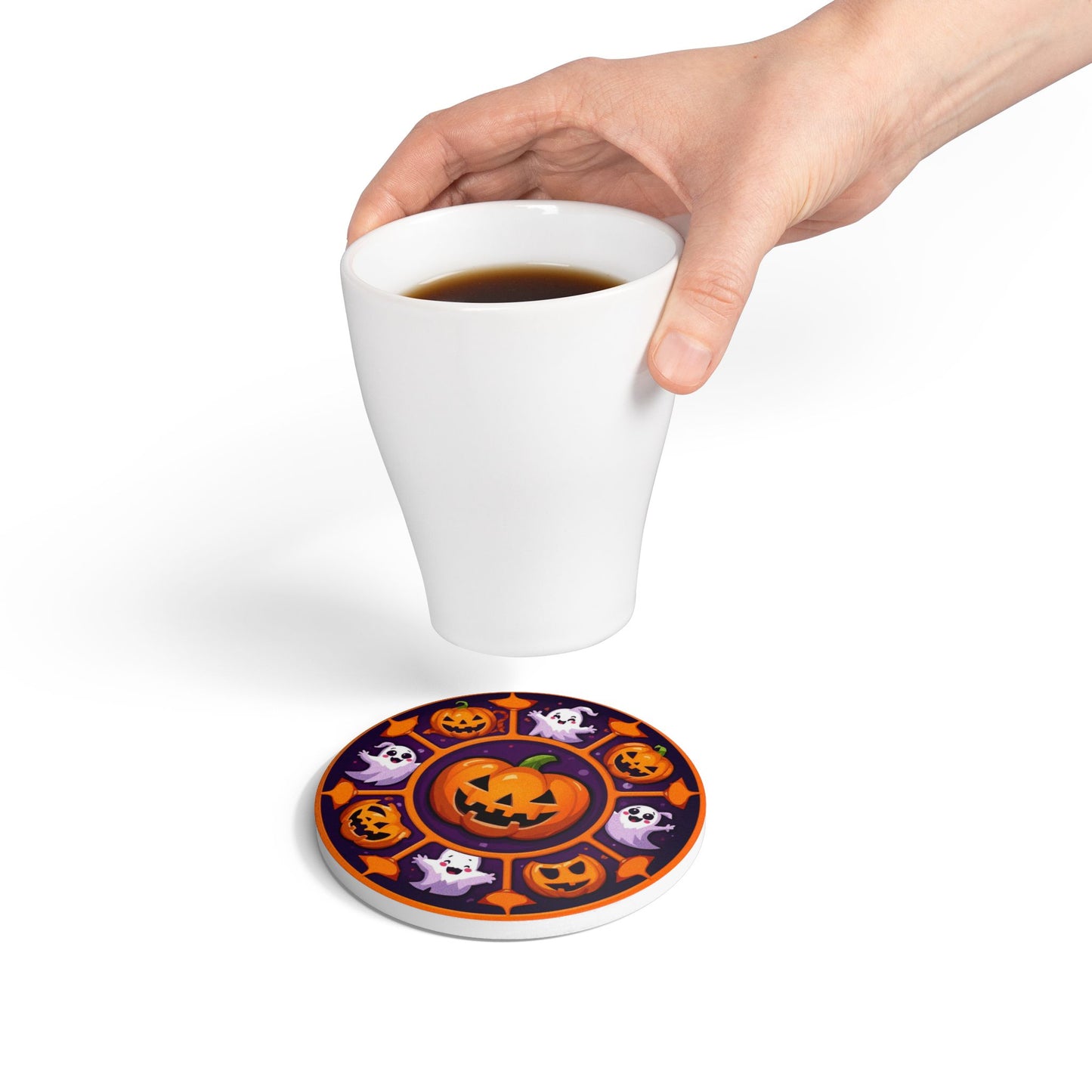 Smiling Halloween Ceramic Coaster with Pumpkin and Ghost Design