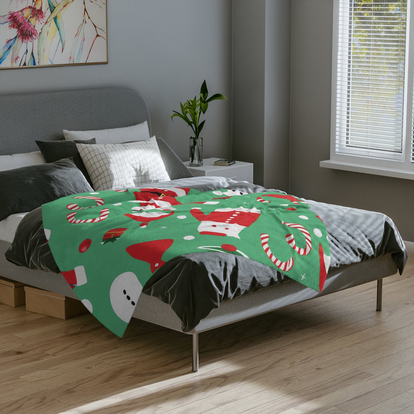 Christmas Fleece Blanket with Santa, Snowmen & Candy Cane Print