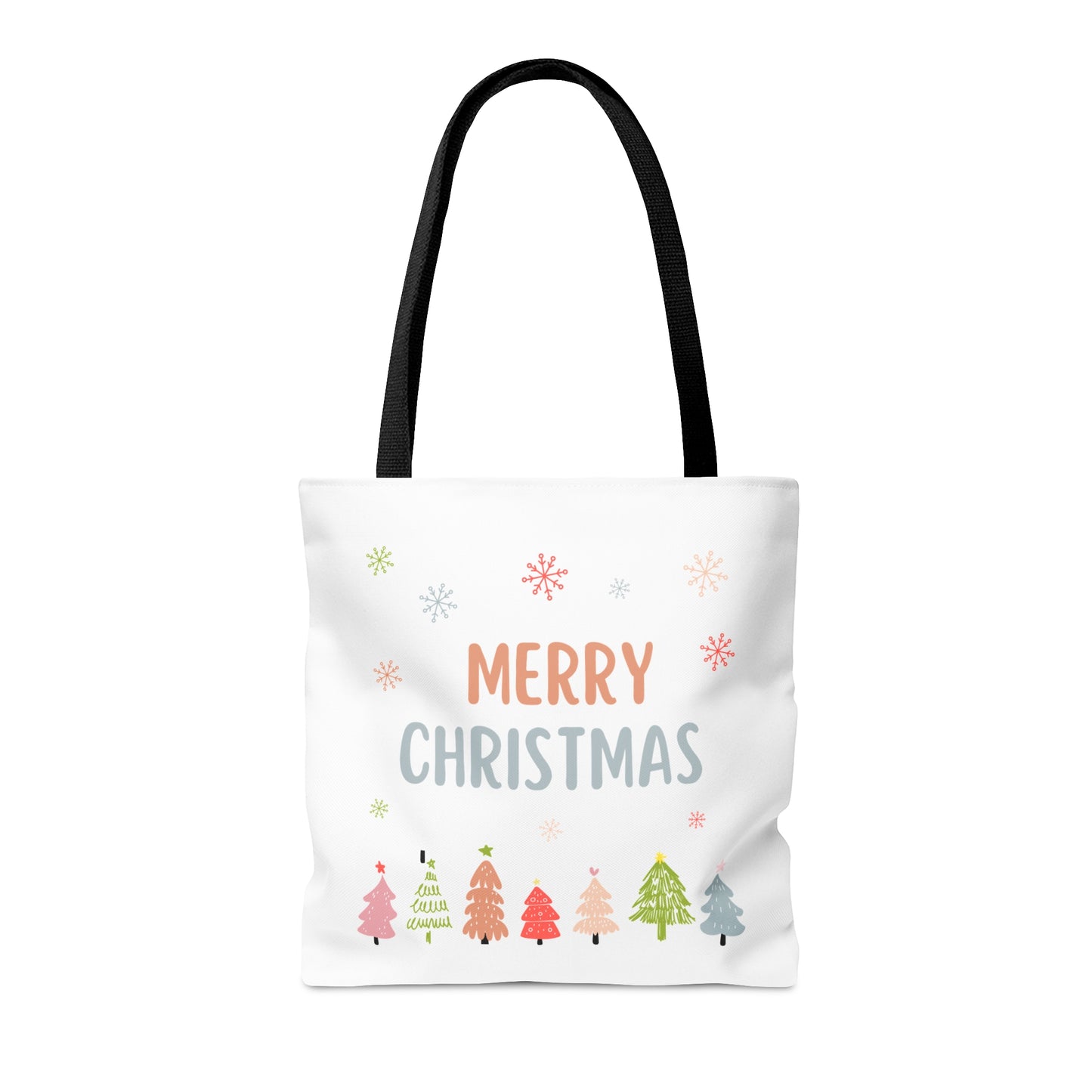 Tote Bag – “MERRY CHRISTMAS” Text with Snowflakes & Colorful Tree Row – Holiday Gift for Seasonal Shoppers