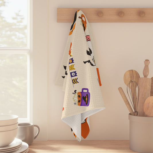 Cute Ghosts Halloween Tea Towel – Pumpkin, Bats, and Witch Hat Design