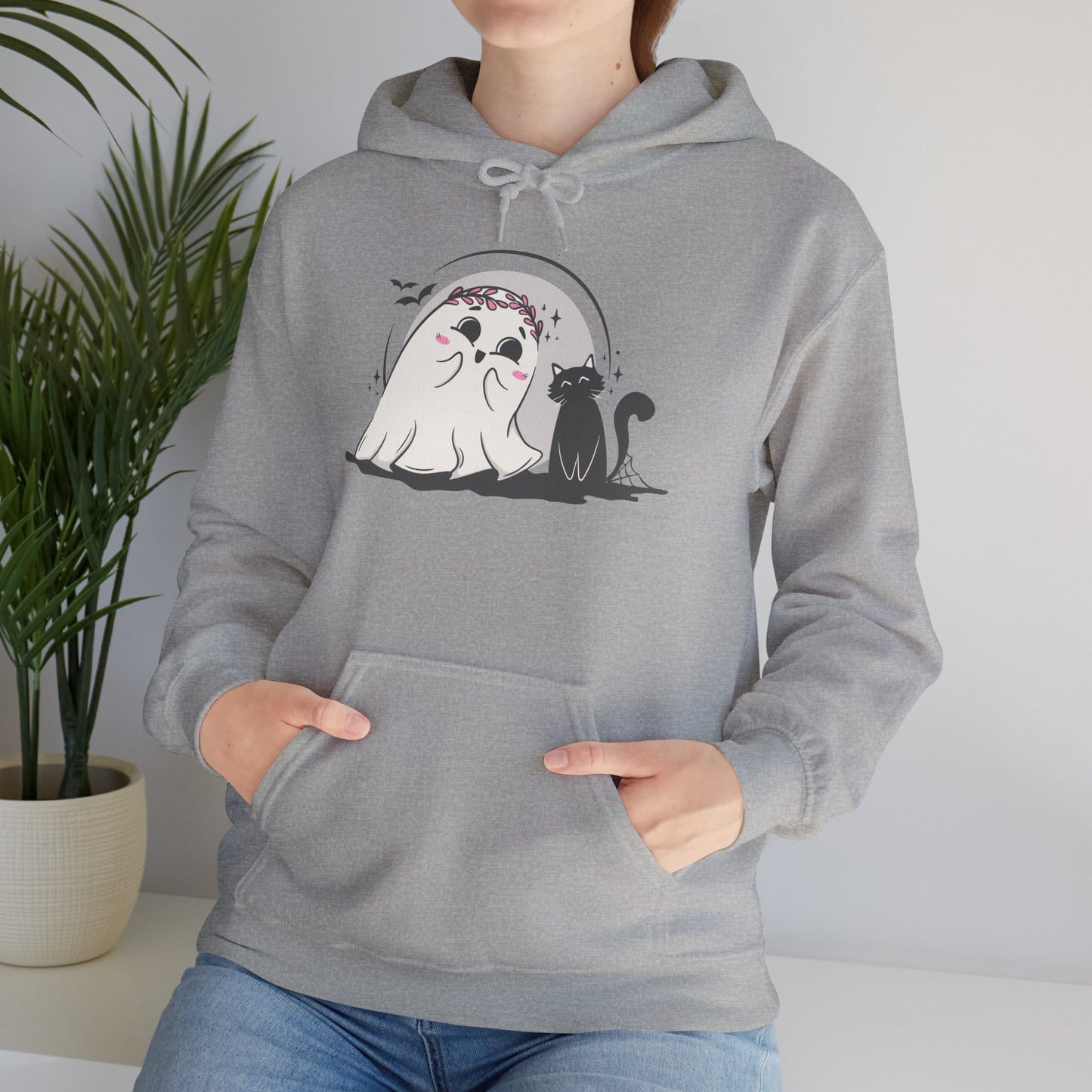 Floral Ghost & Black Cat Hoodie – Cute Halloween Companions