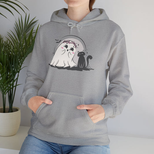 Floral Ghost & Black Cat Hoodie – Cute Halloween Companions