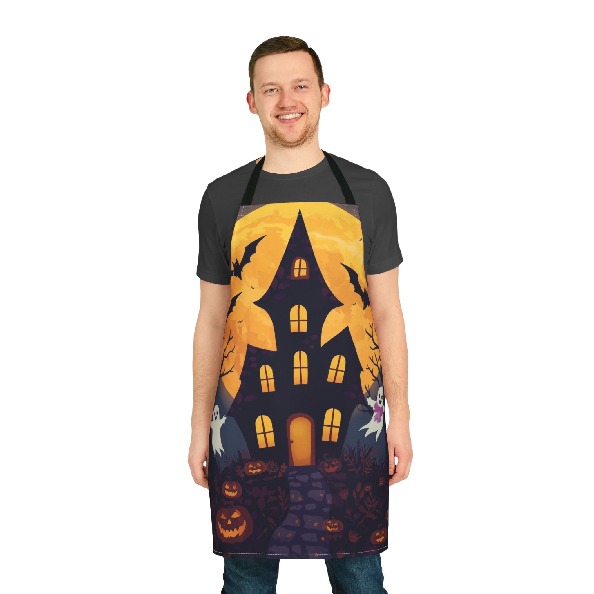 Halloween Apron with Haunted House, Ghosts, and Pumpkin Design