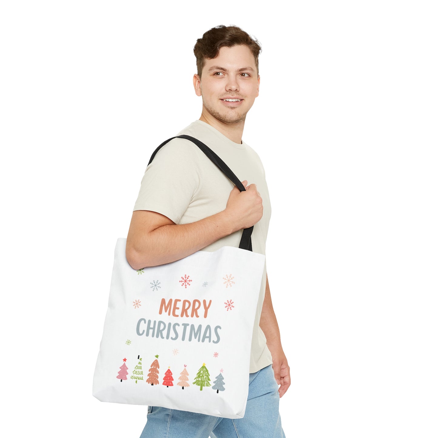 Tote Bag – “MERRY CHRISTMAS” Text with Snowflakes & Colorful Tree Row – Holiday Gift for Seasonal Shoppers