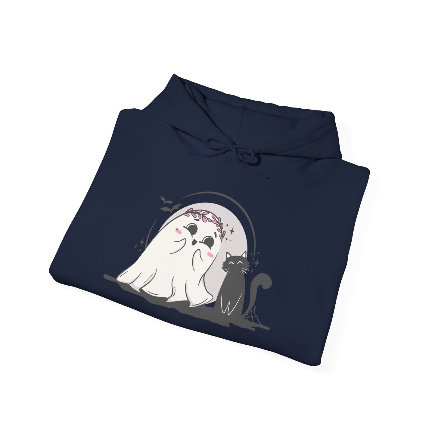 Floral Ghost & Black Cat Hoodie – Cute Halloween Companions