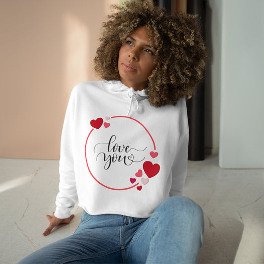 Love You with Hearts Printed Crop Hoodie for Valentine