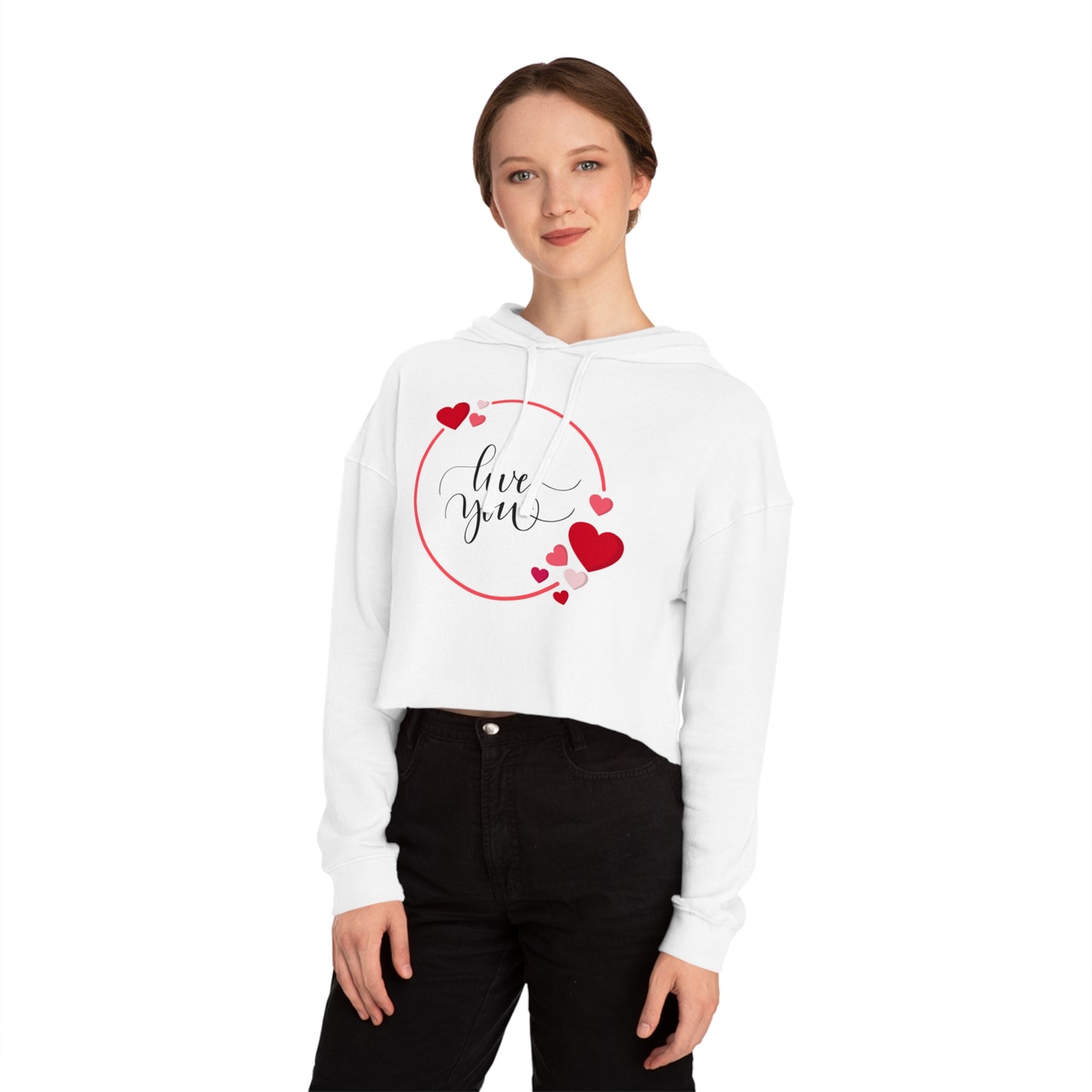 Valentine Hearts and Love You Printed Women’s Cropped Hooded Sweatshirt