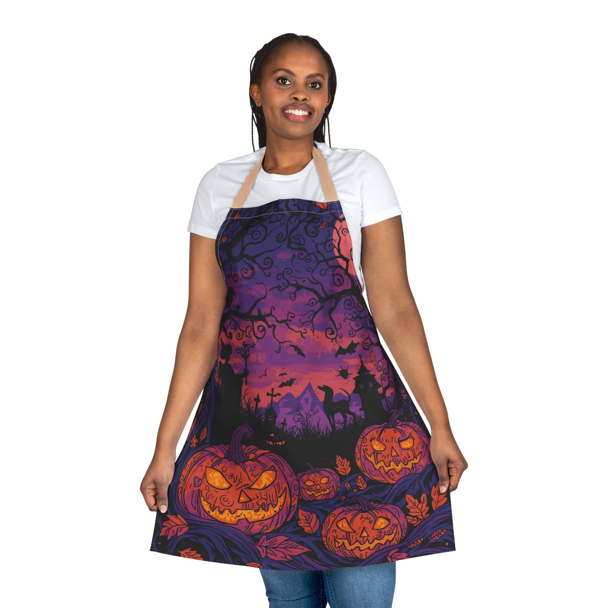 Halloween Apron with Witch, Pumpkin, and Haunted House Design