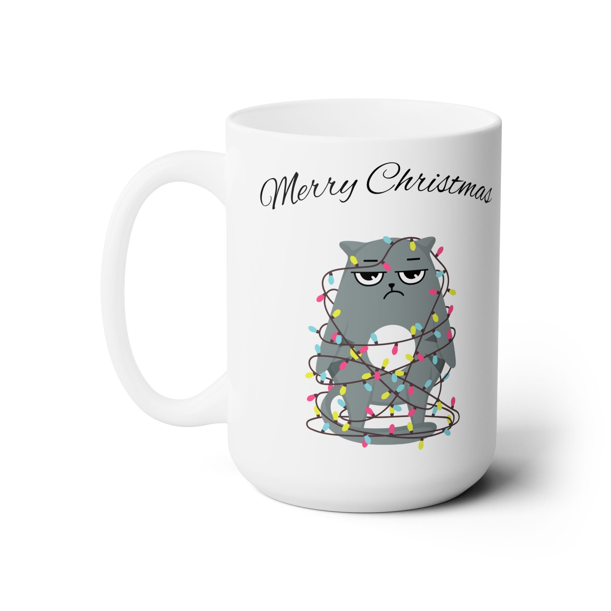 Ceramic Mug – Gray Cat Wrapped in Christmas Lights with “Merry Christmas” Text – Gift for Cat Lovers & Holiday Sippers