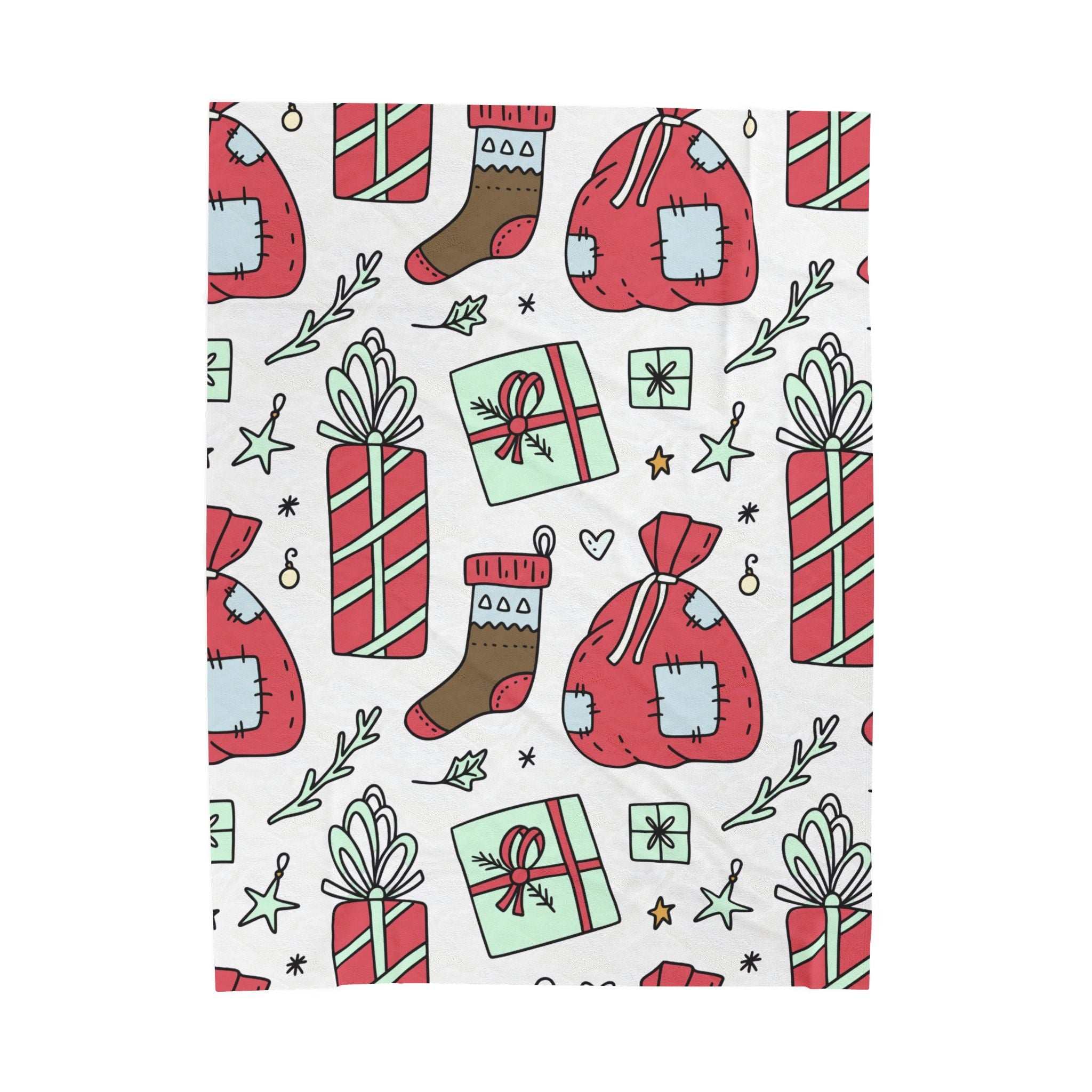 Gift Bag & Candy Cane Velveteen Plush Blanket – Festive Christmas Present Pattern