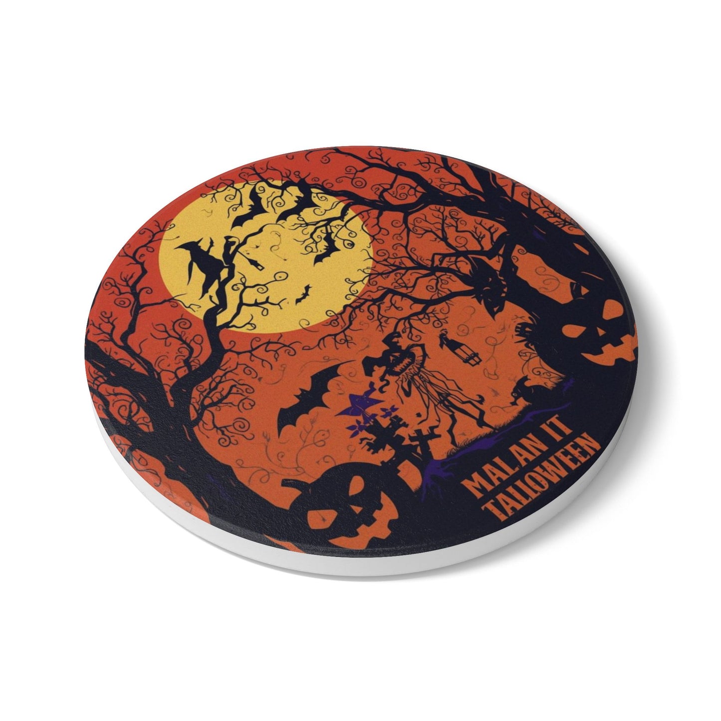 Spooky Halloween Ceramic Coaster with Witch and Scarecrow Design