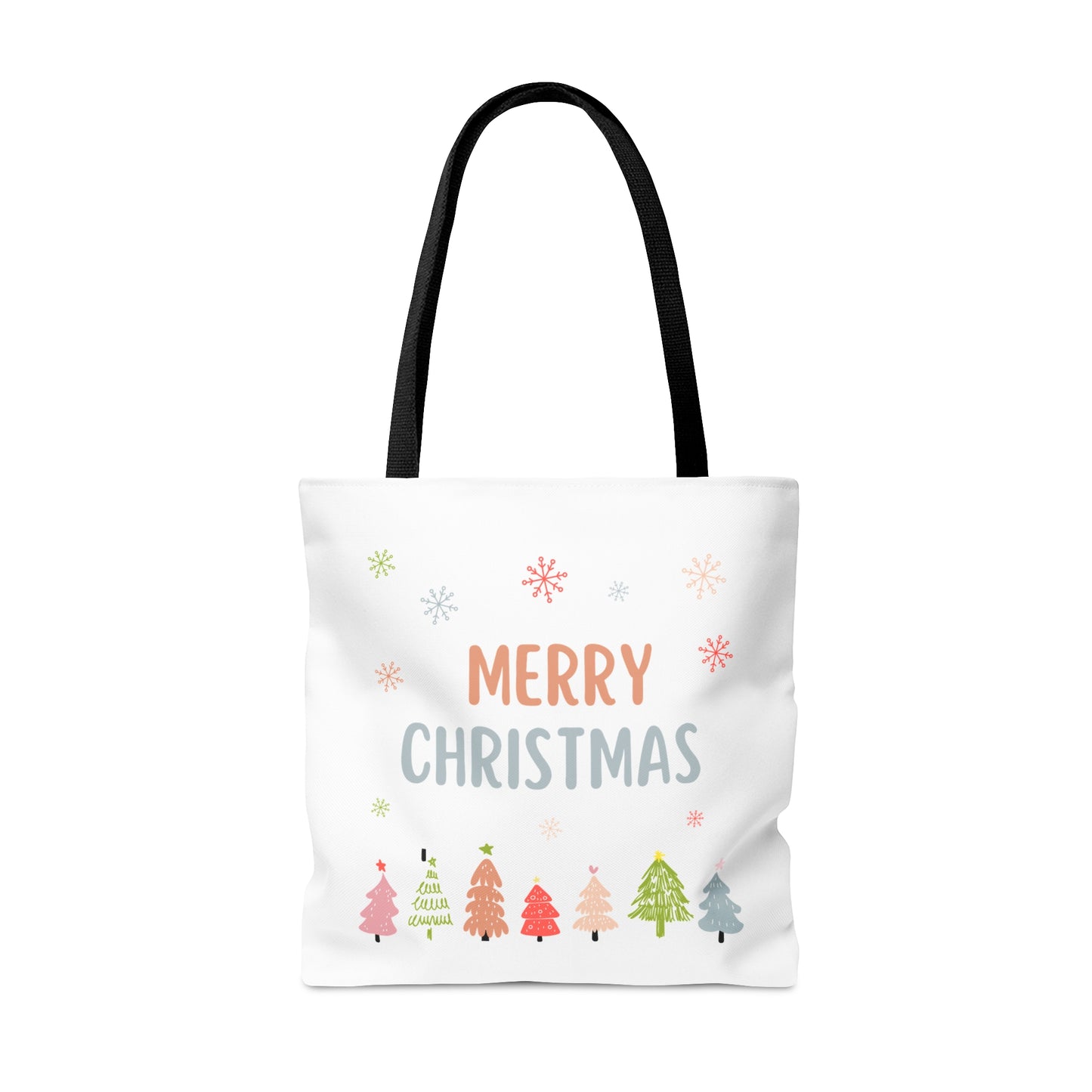 Tote Bag – “MERRY CHRISTMAS” Text with Snowflakes & Colorful Tree Row – Holiday Gift for Seasonal Shoppers