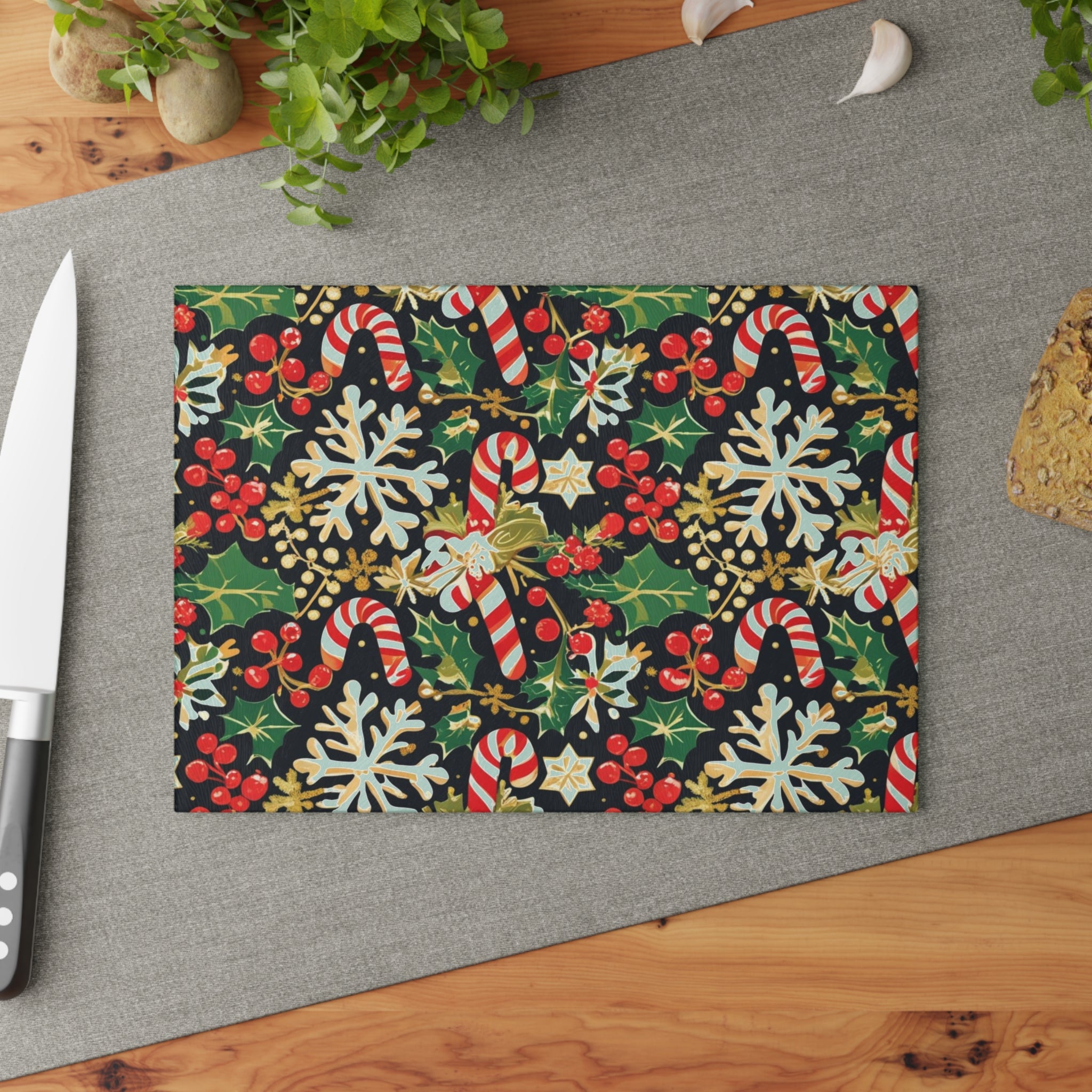 Festive Christmas Cutting Board with Candy Cane and Holly Design