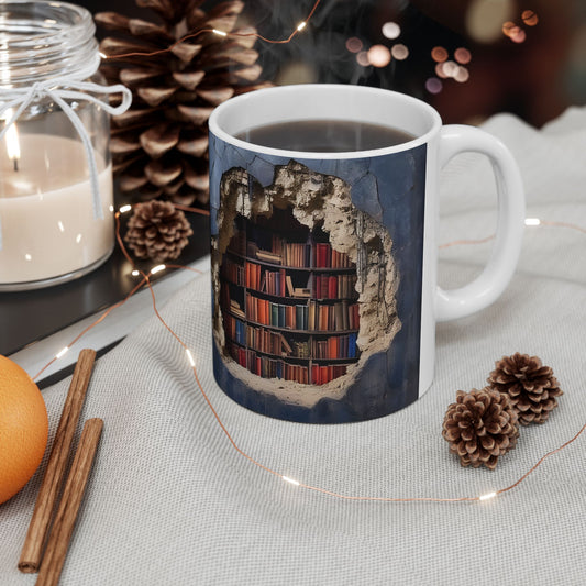 Mug - 3D Bookshelf Illusion - Unique Library Wall Break Design