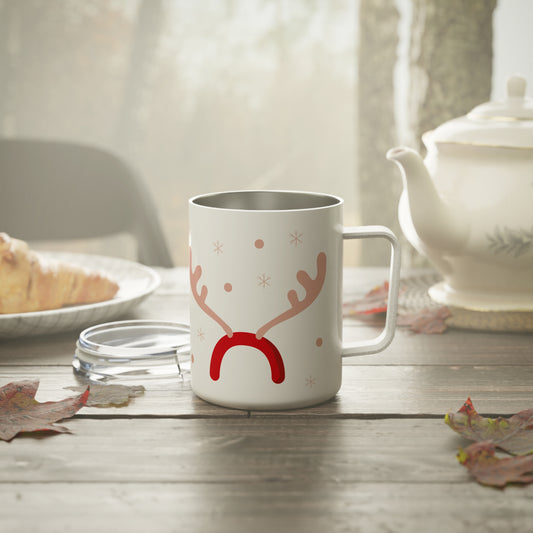 10oz Stainless Steel Travel Mug with Reindeer & Snowflake Design, Festive Gift for Christmas or Winter Holidays