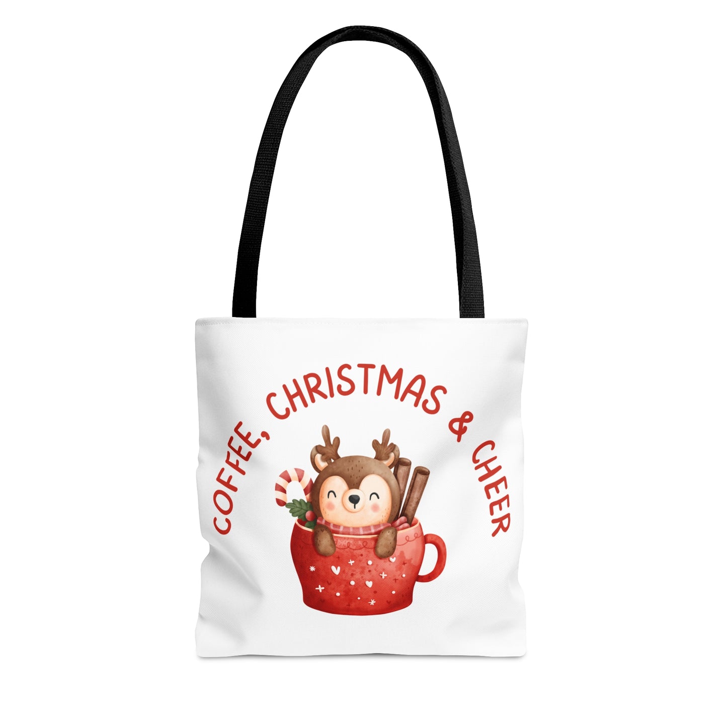 Tote Bag – COFFEE, CHRISTMAS & CHEER Reindeer Design – Gift for Holiday Shoppers, Winter Coffee Lovers