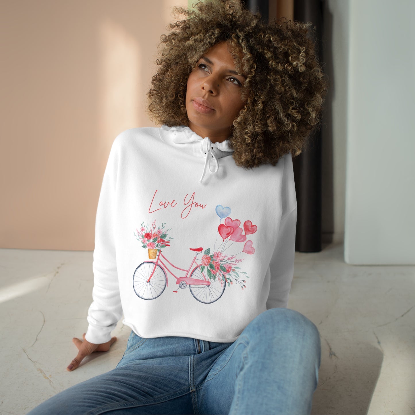 Valentine's Hoodie for Her, Crop Hoodie with Bicycle and Balloons Print, Gift for Her