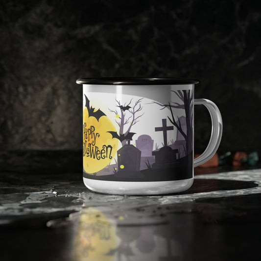 Happy Halloween Enamel Camp Cup – Whimsical Moon and Graveyard Design