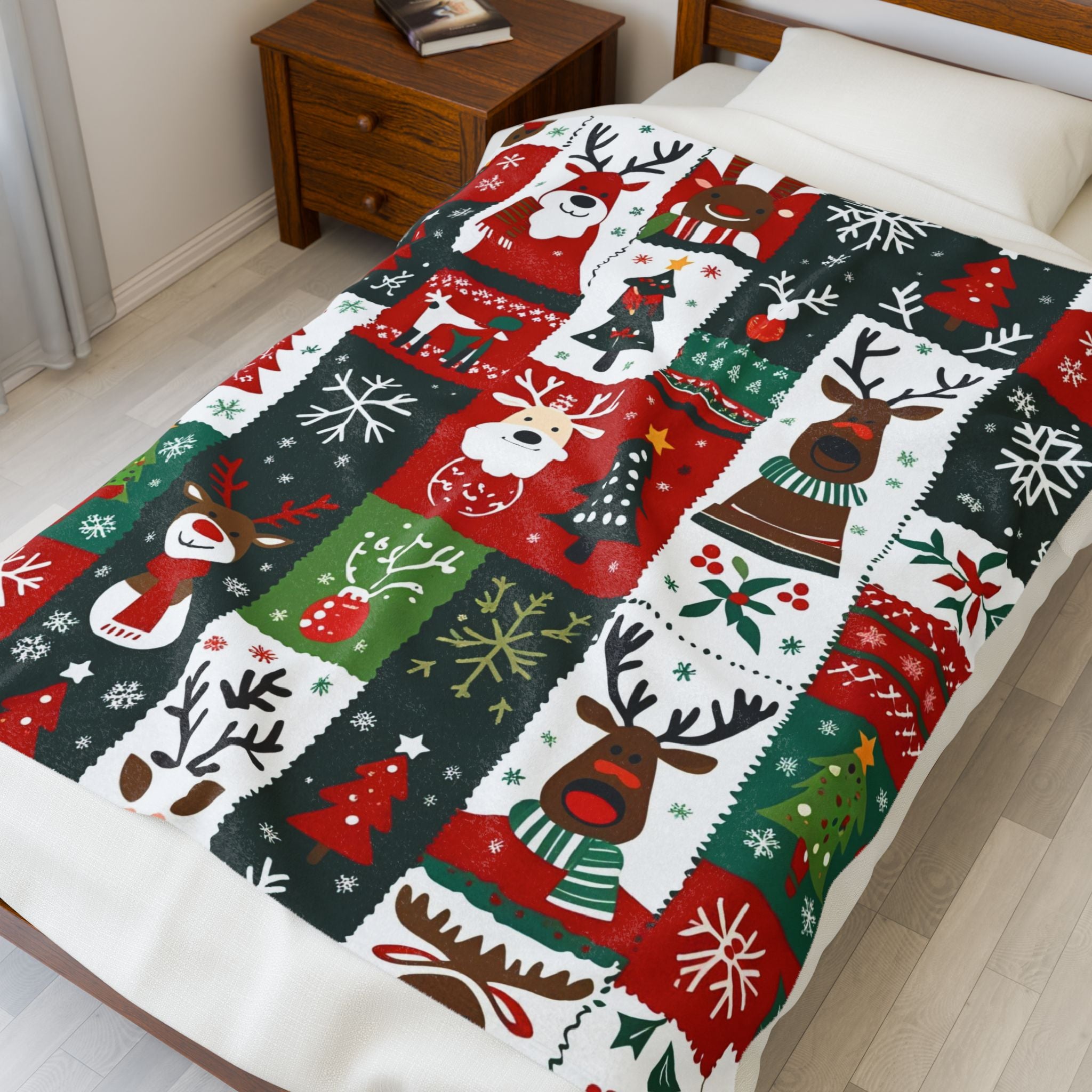 Patchwork Christmas Velveteen Plush Blanket – Reindeer, Trees & Snowflake Holiday Print