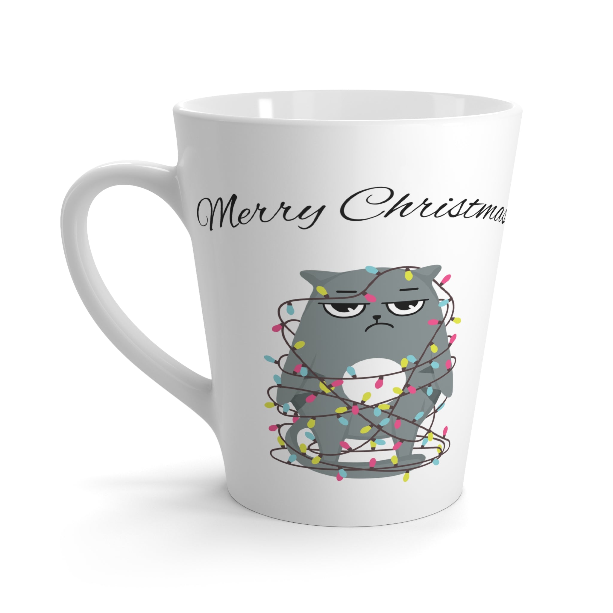12oz Ceramic Latte Mug – Grumpy Cat Christmas Lights Design – Funny Holiday Gift for Coffee Lovers