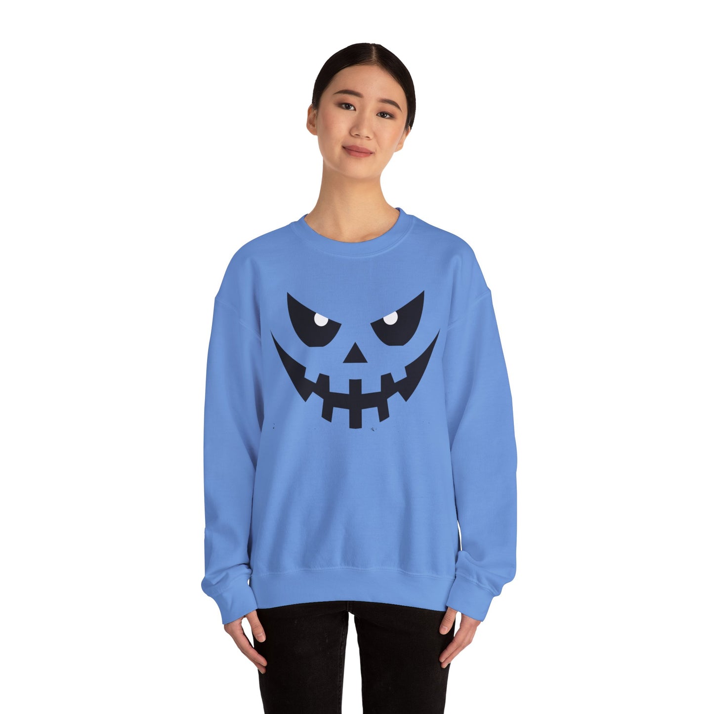 Creepy Pumpkin Face Halloween Sweatshirt – Beige Graphic Pullover for Spooky Season