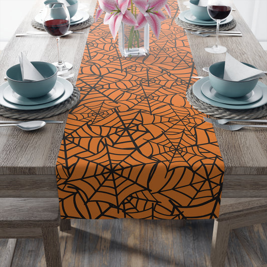 Spiderweb Pattern Table Runner – Orange & Black Halloween Dining Decor