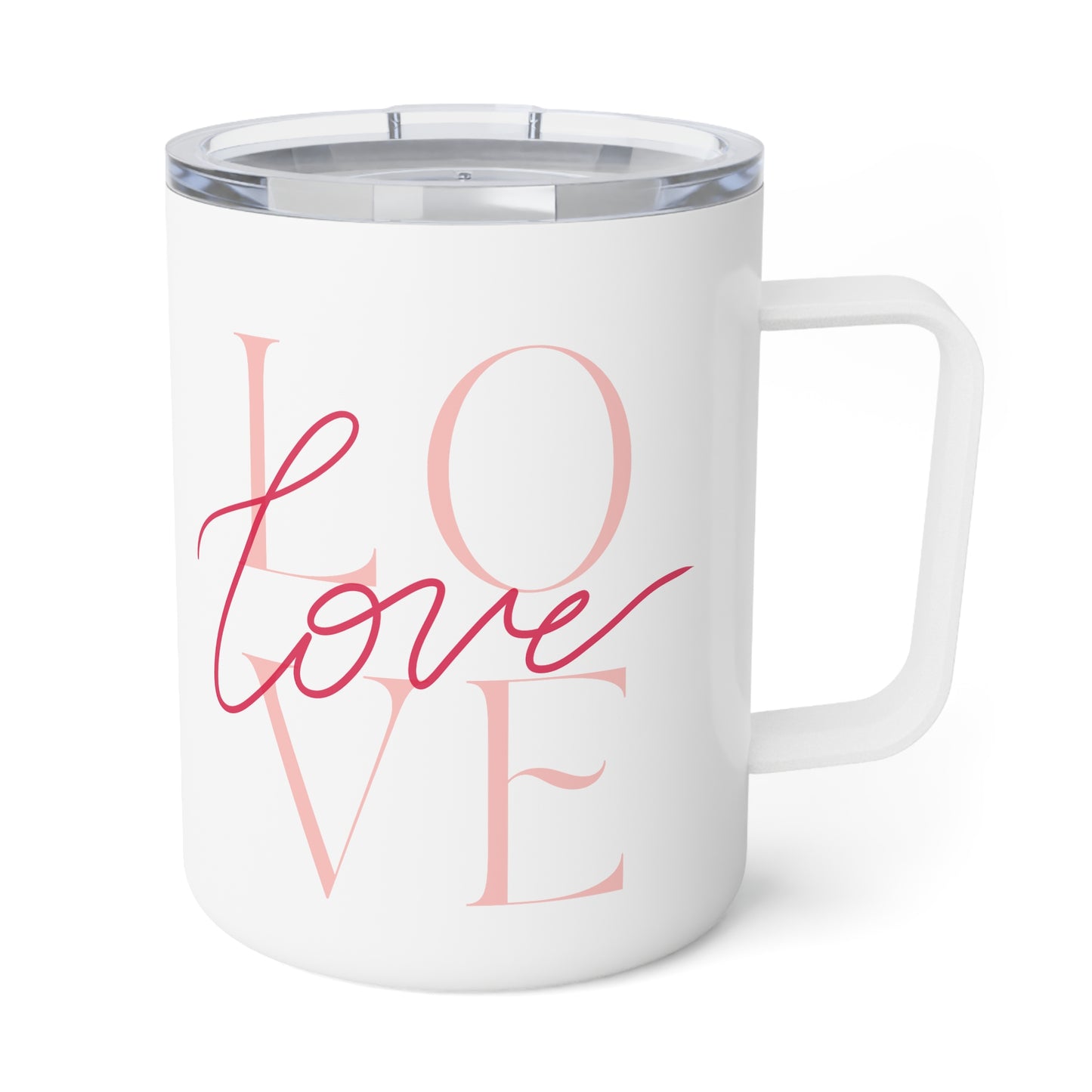 10oz Insulated Travel Mug – White with Red Heart Design, Stainless Steel, Glossy Finish
