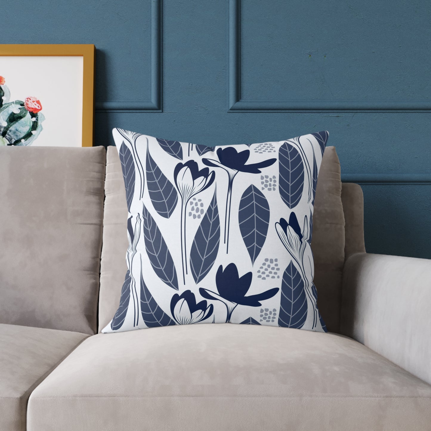 Minimalist Navy Blue Floral Throw Pillow – Modern Botanical Cushion