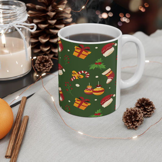 Ceramic Mug – Green Christmas Design with Gifts, Candy Canes & Holly – Festive Gift for Coffee & Cocoa Lovers