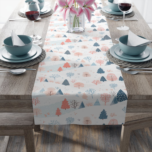 Pastel Landscape Table Runner – Whimsical Trees, Mountains & Bushes Decor