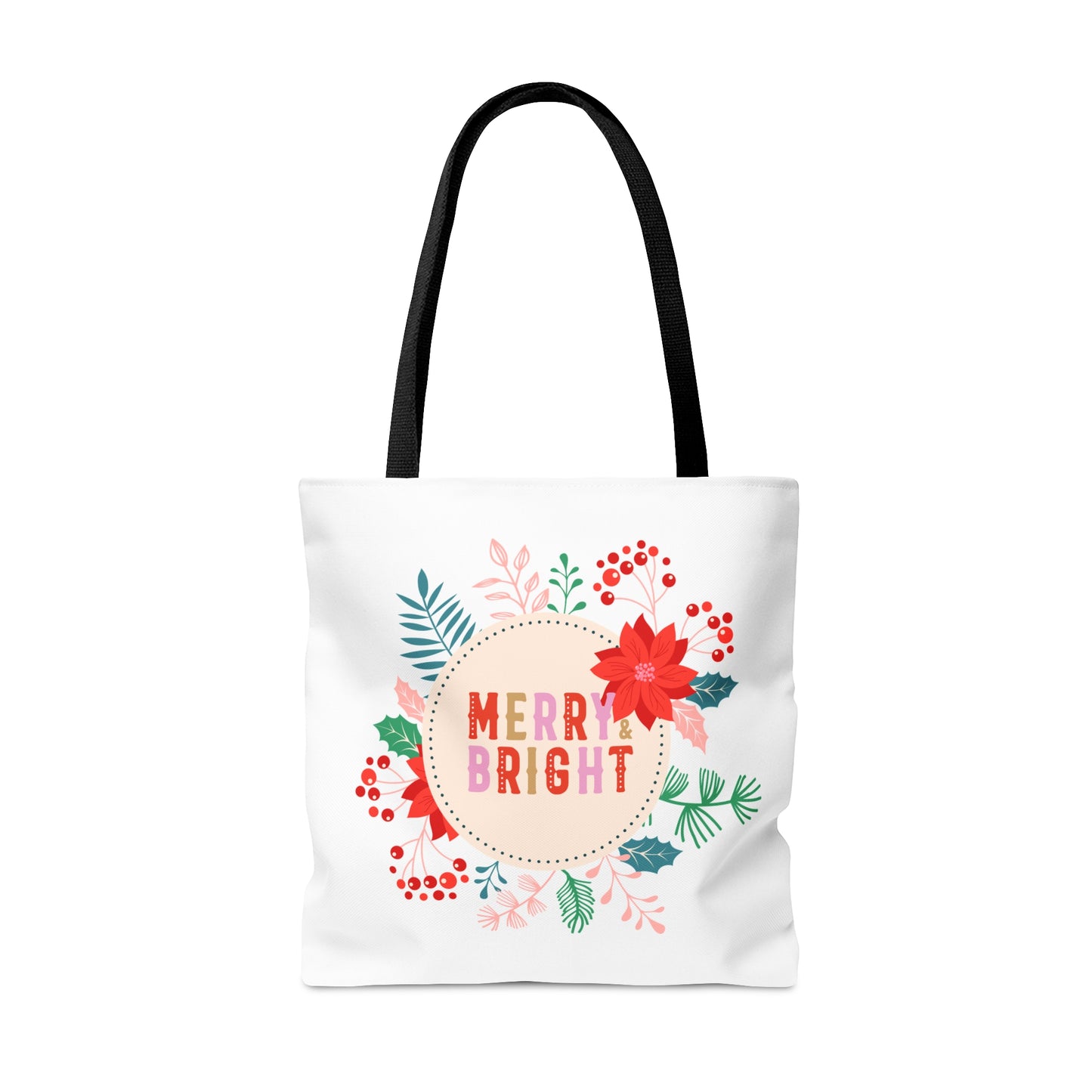 Tote Bag – MERRY & BRIGHT Floral Design – Gift for Christmas, Holiday Shopping, Winter Outings
