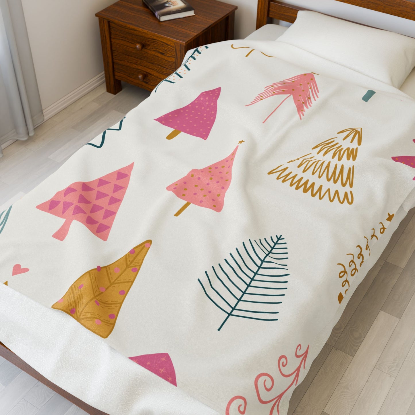 Velveteen Plush Blanket - Christmas Trees Pink Green Gold Holiday Throw
