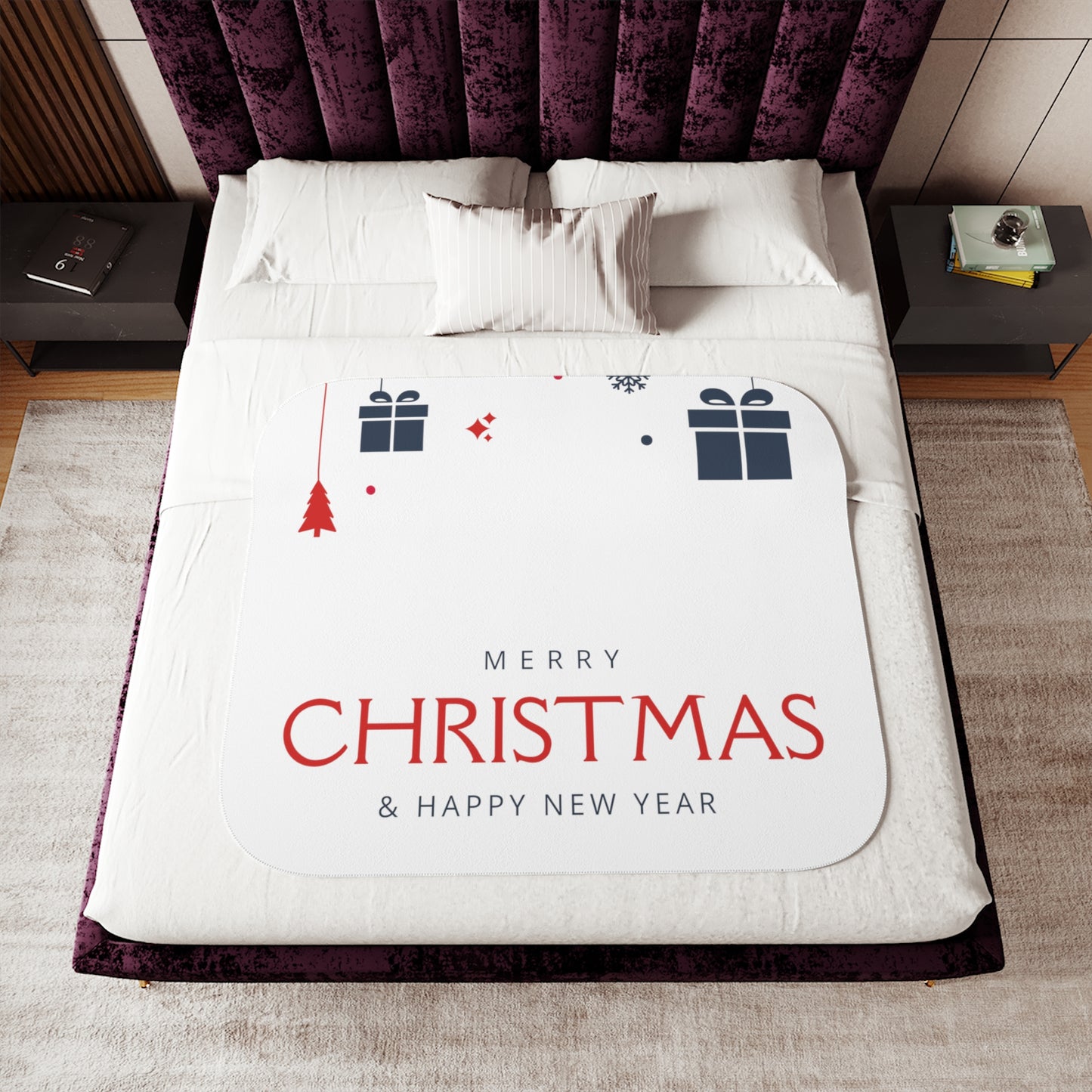 Merry Christmas & Happy New Year Printed Sherpa Blanket, White