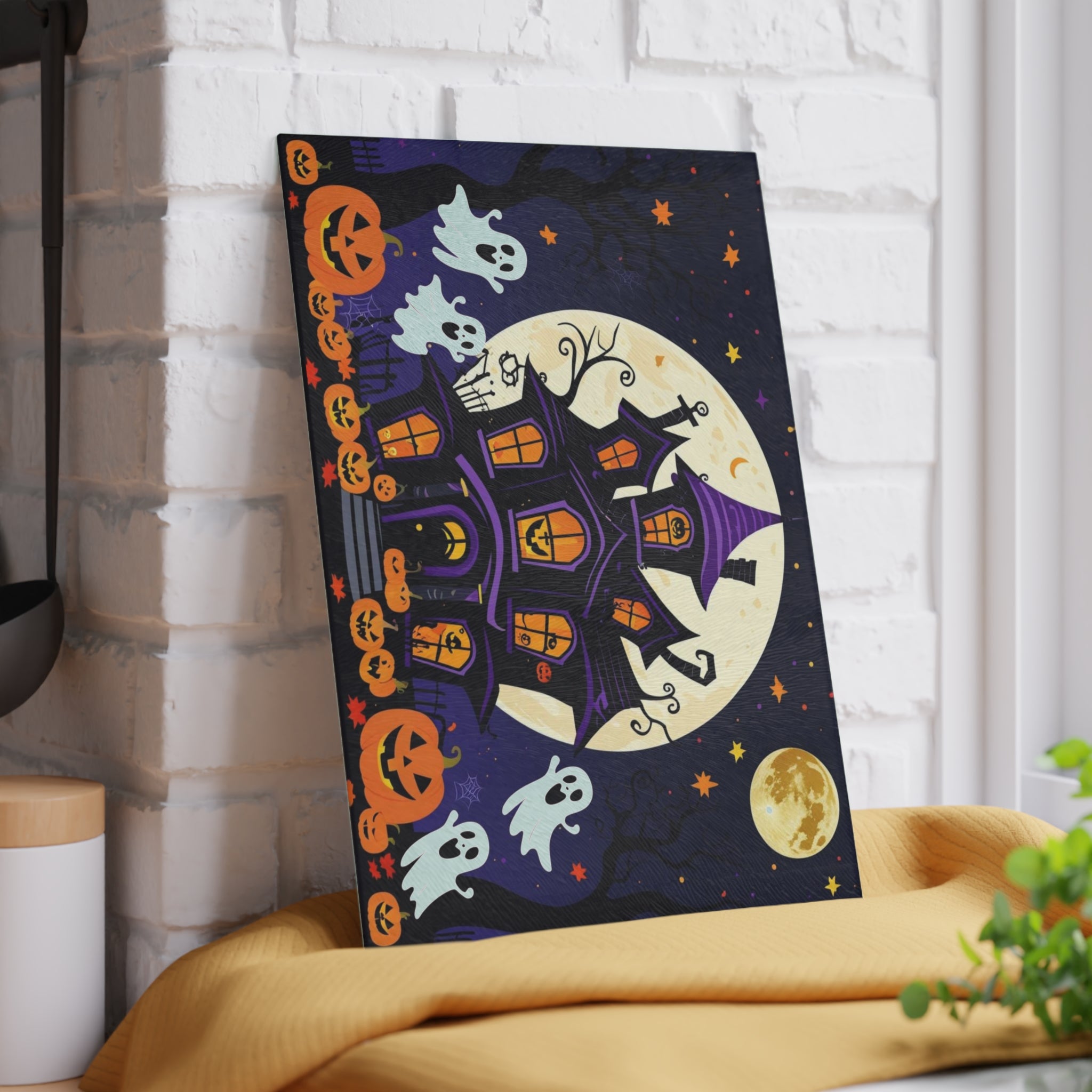 Whimsical Halloween Cutting Board with Spooky House, Ghosts, and Pumpkins