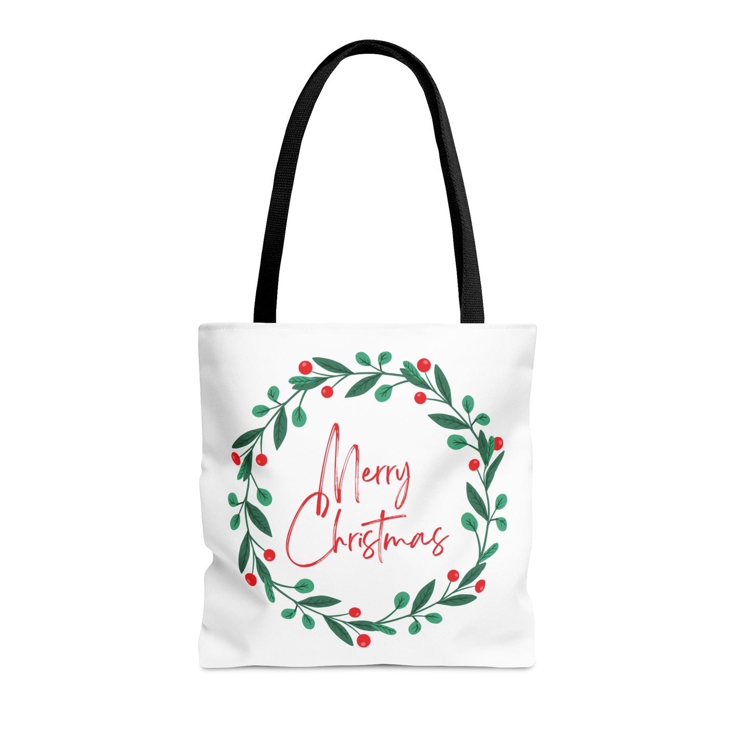 Christmas Tote Bag with “Merry Christmas” Wreath Design – Festive All-Over Print Carryall in 3 Sizes