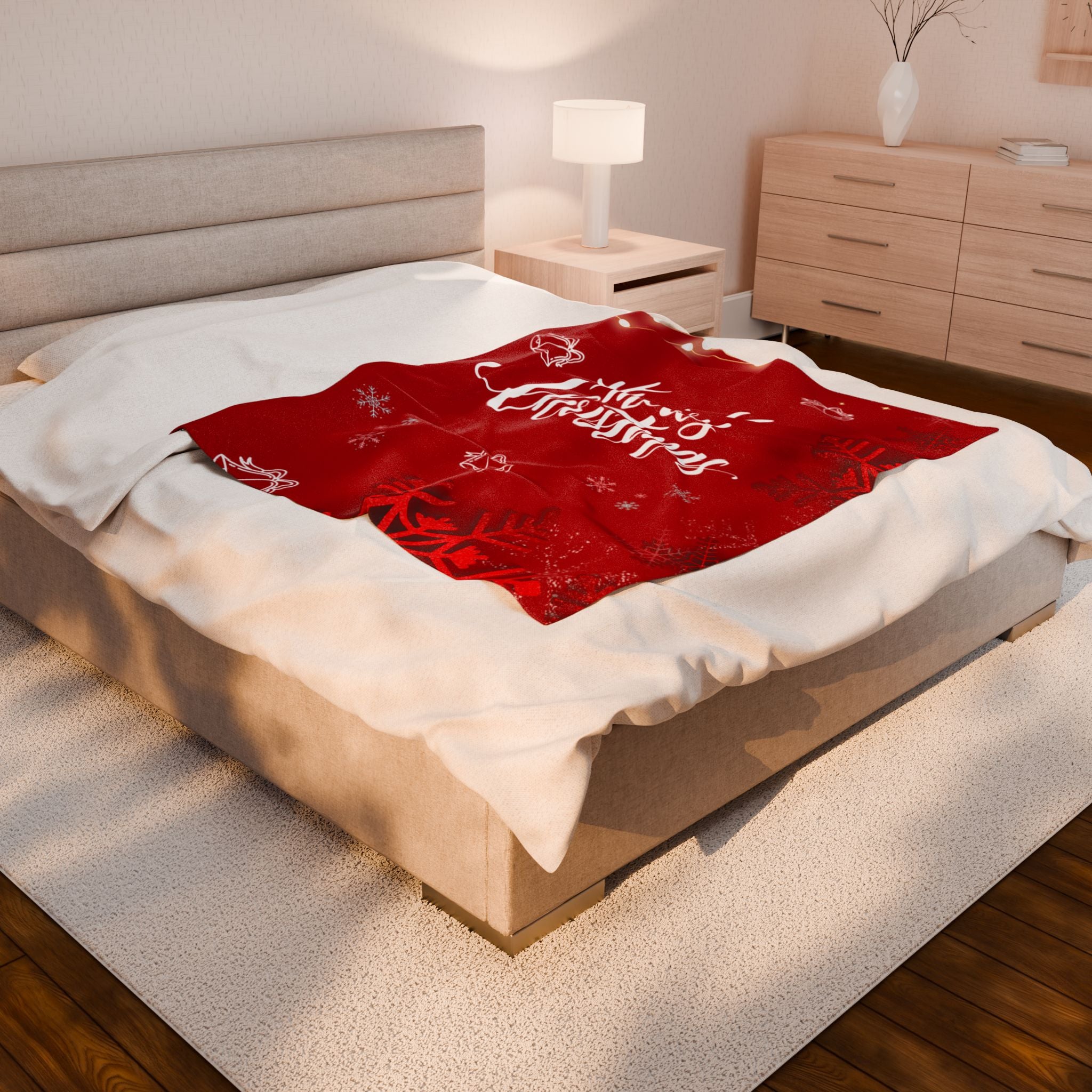 Merry Christmas in Red Printed Velveteen Plush Blanket