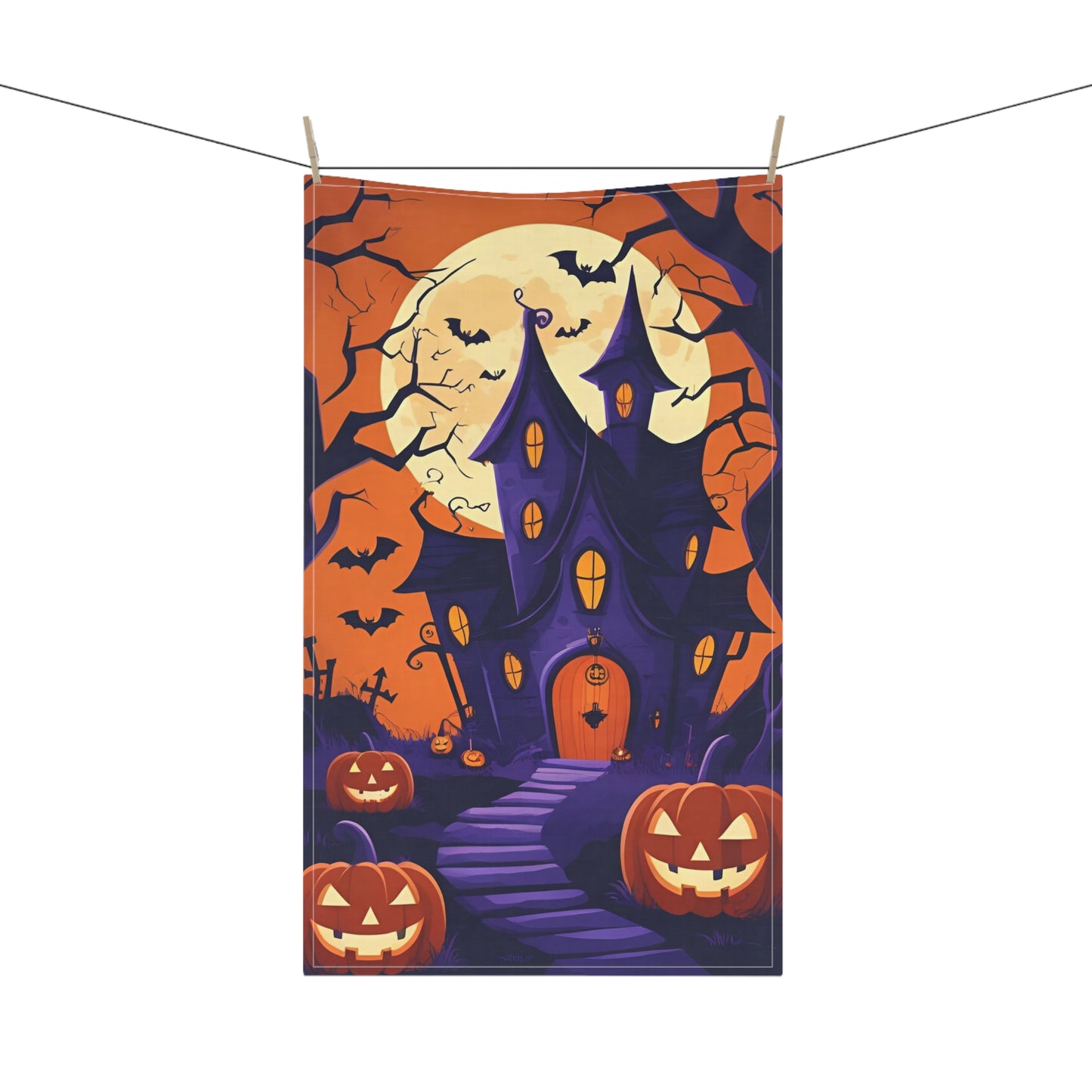 Haunted Mansion Halloween Tea Towel – Whimsical Jack-O’-Lantern Design