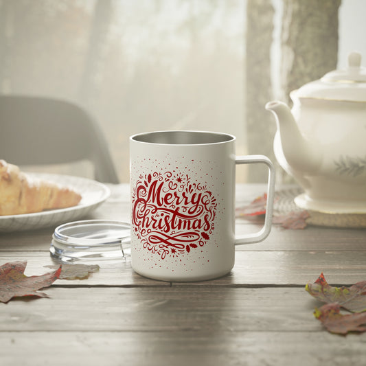 10oz Travel Mug, “Merry Christmas” Red Design with Stars and Leaves, Gift for Holiday Season