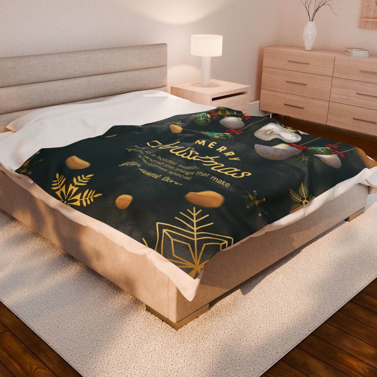 Elegant Green & Gold Christmas Blanket – Personalized Holiday Gift with Ornaments and Message